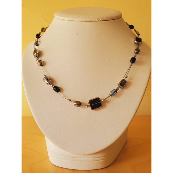 Lia Sophia Multi Strand Tiered Beaded Necklace Black Silver Blue Tone - Picture 4 of 7